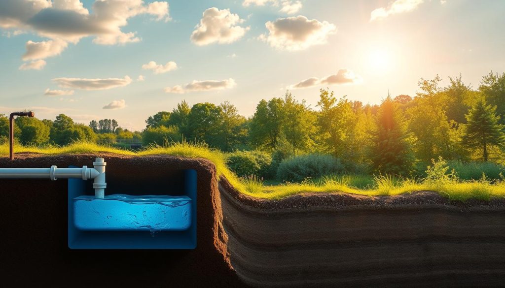 A serene, well-lit scene depicting the advantages of a hydraulic Canadian well. In the foreground, a cutaway view showcases the system's efficient water circulation, with clear blue water gently flowing through the underground pipes. The middle ground features a lush, verdant landscape, with flourishing plants and trees benefiting from the well's consistent temperature regulation. In the background, a cloudless sky with warm, golden lighting sets a tranquil, comfortable atmosphere. The composition emphasizes the harmonious integration of the well into the natural environment, highlighting its year-round effectiveness in heating and cooling a home or building.