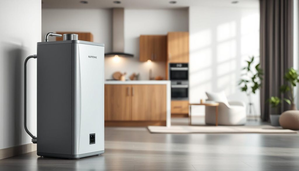 A sleek, energy-efficient water softener system sits prominently in the foreground, its modern design and muted colors conveying a sense of efficiency and eco-consciousness. In the middle ground, a well-lit kitchen space showcases the appliances and fixtures that benefit from the softened water, with a focus on the reduced energy consumption and operational costs. The background features a serene, minimalist living room, hinting at the broader lifestyle implications of adopting an energy-saving water treatment solution. Soft, diffused lighting creates a calming, aspirational atmosphere, emphasizing the harmony between technology and sustainability.