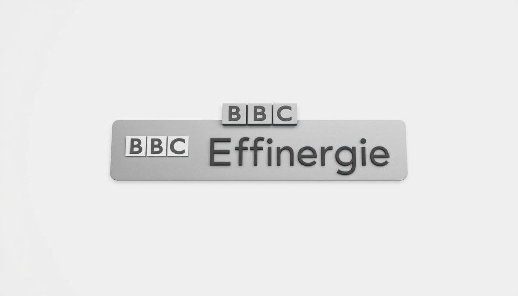 A sleek, minimalist logo design of the "BBC Effinergie" label, rendered in a matte grey finish against a clean, white background. The BBC logo is prominently displayed, with the "Effinergie" text placed below in a modern, sans-serif font. The design conveys a sense of energy efficiency, professionalism, and environmental responsibility. The lighting is soft and even, highlighting the simplicity and elegance of the label. The camera angle is slightly elevated, giving the image a sense of authority and importance, suitable for use in an article about energy-efficient housing.