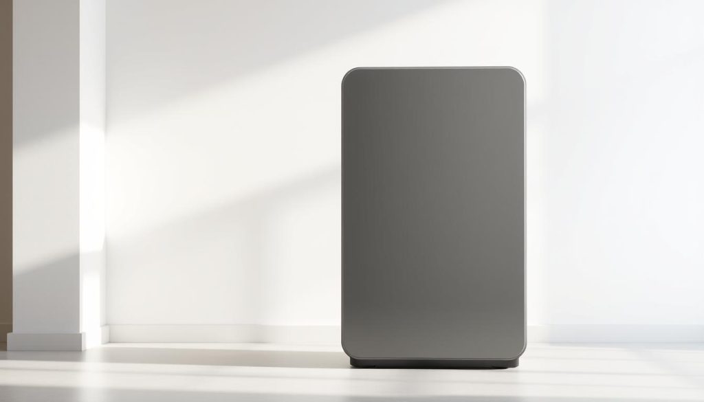 A sleek, modern water softener system set against a minimalist, well-lit interior. The device is prominently featured, with a clean, muted color palette and crisp, detailed edges. The background is a neutral, softly-lit room, showcasing the compact and efficient design of the water softener. Soft shadows and gentle highlights accentuate the machine's form, conveying a sense of thoughtful engineering and energy-efficient functionality. The overall mood is one of modern utility and understated elegance, reflecting the practical considerations of water softener power consumption.