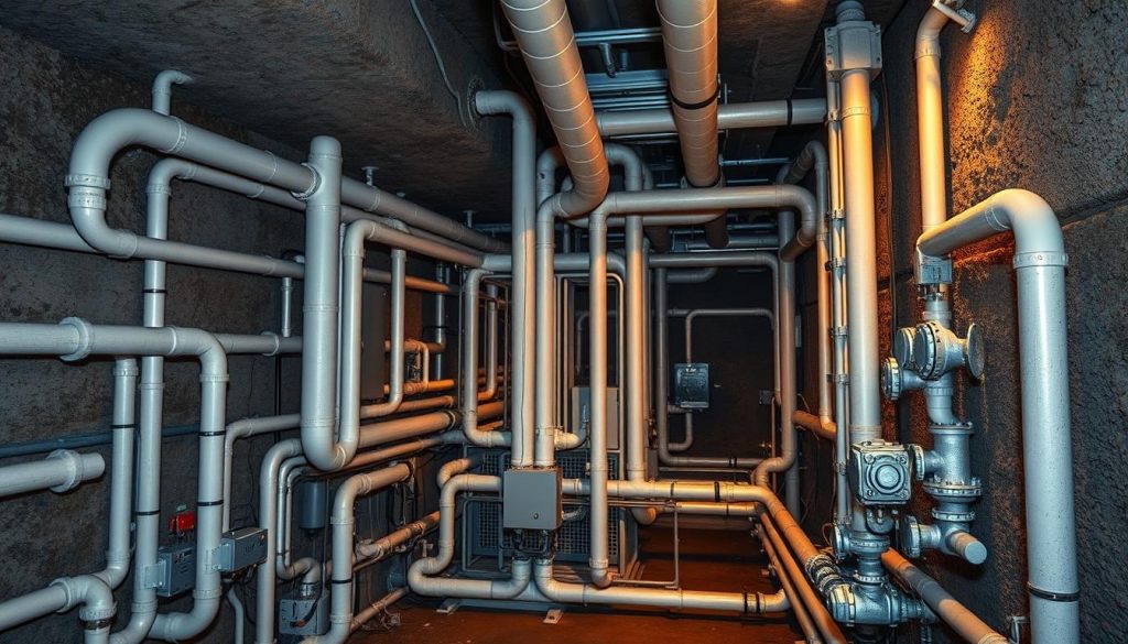 A sprawling network of sleek, modern thermal piping winding through an underground cavity, surrounded by reinforced concrete walls and dimly lit by warm, ambient lighting. The intricate system of pipes, valves, and insulation materials conveys a sense of efficiency and precision engineering, designed to harness the earth's natural geothermal energy for heating and cooling purposes. In the foreground, a central hub with control panels and monitoring equipment, while the middle ground features various access points and junction boxes, allowing for seamless integration and maintenance. The background fades into shadowy corners, hinting at the expansive scale and complexity of this comprehensive thermal installation.