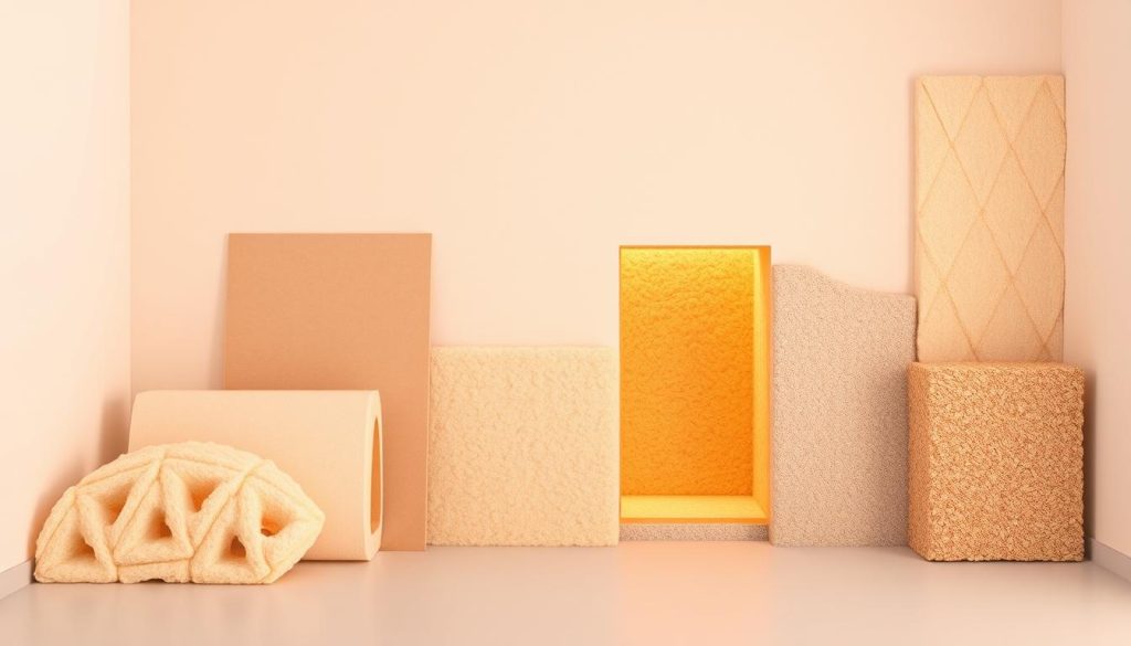 A well-insulated interior wall showcasing a variety of high-performance thermal and acoustic insulation materials. In the foreground, a selection of materials such as mineral wool, rigid foam, and cellulose insulation are displayed against a clean, minimalist background. Warm, diffused lighting highlights the textures and properties of each material, allowing the viewer to examine their properties and suitability for an optimal insulation solution. The mid-ground features a cross-section of a wall assembly, demonstrating how these materials can be effectively integrated to maximize thermal and acoustic performance without sacrificing valuable interior space. The background is a soft, neutral gradient, putting the focus entirely on the insulation products and their potential applications.
