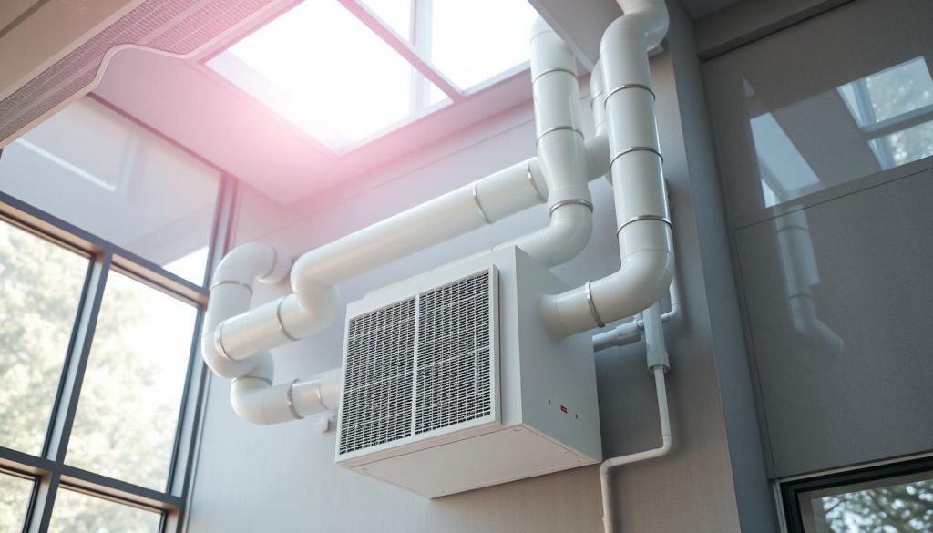 A well-integrated double-flux ventilation system, illuminated by soft natural light filtering through large windows. The system's components are clearly visible, with the heat exchanger unit prominently displayed in the foreground, surrounded by clean white ducting that seamlessly connects to the intake and exhaust vents. The overall scene conveys a sense of efficient functionality and environmental consciousness, with the ventilation system harmoniously blending into the modern, minimalist architectural design. The lighting and camera angle emphasize the system's elegant and discreet integration, showcasing how it can be effortlessly incorporated into a building's structure.