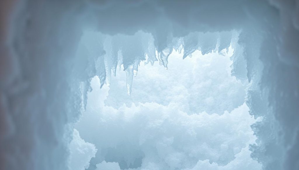 A close-up view of a freezer's interior, with thick layers of rime and ice buildup covering the walls and shelves. The scene is illuminated by a soft, diffused light, creating a sense of chill and energy-draining conditions. The ice formations take on intricate, crystalline patterns, reflecting the freezer's hardworking effort to maintain a constant low temperature. The overall atmosphere conveys the need to defrost the freezer to restore its efficiency and energy-saving performance.