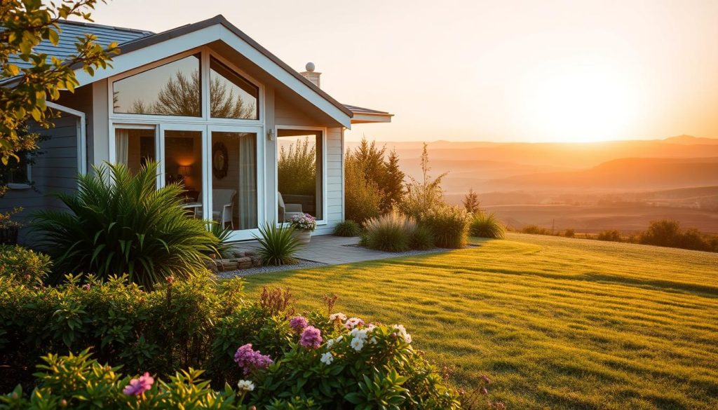 A cozy, energy-efficient home nestled in a serene landscape. The front façade features large windows that let in abundant natural light, complemented by a well-insulated exterior. In the foreground, a neatly manicured garden with lush greenery and flowering plants creates a calming ambiance. The midground showcases the home's sleek, modern design, with clean lines and a harmonious color palette. The background depicts a tranquil countryside setting, with rolling hills and a distant horizon bathed in a warm, golden glow from the setting sun. The overall scene conveys a sense of comfort, sustainability, and environmental consciousness.