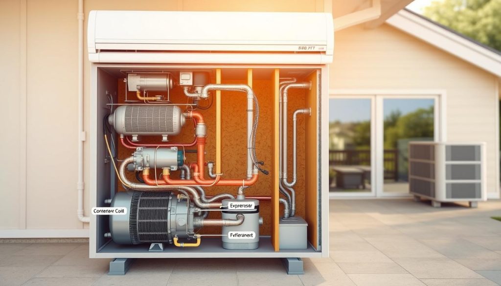 A detailed, technical diagram of a home air conditioning system, viewed from a cutaway perspective. The foreground shows the key components - compressor, condenser, evaporator coil, and refrigerant lines - labeled with their functions. The middle ground includes a cutaway view of the interior walls, insulation, and ductwork, revealing the system's integration into the home's structure. The background depicts the exterior of the home, with the outdoor condenser unit visible. Lighting is bright and even, with a slight warm color temperature to suggest a sunny day. The overall mood is informative and educational, conveying the technical details required to calculate the real energy consumption of a residential air conditioning system.