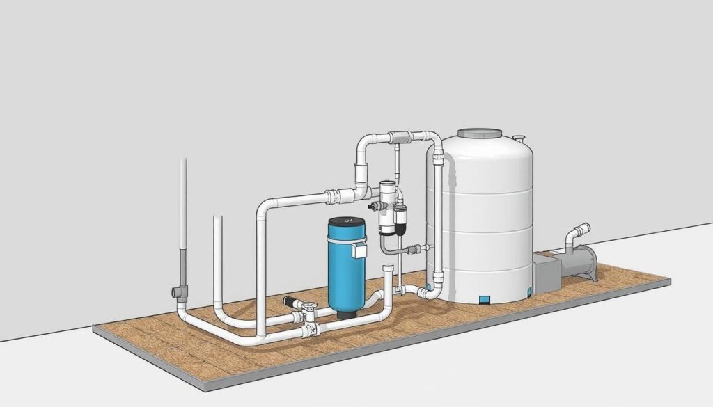 A detailed technical illustration of a rainwater harvesting system installation, showcasing the various components in a clean, well-lit environment. Prominently feature the key elements such as the rainwater collection tank, pipes, filters, and valves, arranged in a logical, easy-to-understand layout. Depict the system from a slightly elevated, three-quarter angle to provide a comprehensive view, with a neutral, muted color palette that emphasizes the functional aspects. Ensure the image conveys a sense of precision, efficiency, and professional installation, suitable for illustrating the step-by-step process outlined in the article.