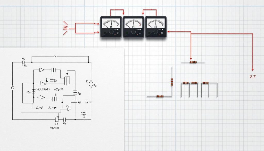 A detailed technical illustration showcasing the fundamental principles of electrical circuits and Ohm's law. In the foreground, a precise schematic diagram featuring neatly arranged electronic components and mathematical formulas, conveying the core concepts. The middle ground depicts a trio of voltmeters, ammeters, and resistors, arranged in a clean, minimalist layout to illustrate the relationships between voltage, current, and resistance. The background features a subtle grid pattern, evocative of graph paper, evoking a sense of scientific rigor and precision. Lighting is crisp and even, with a neutral color palette of grays, blacks, and metallic tones, maintaining a professional, academic tone throughout the scene.