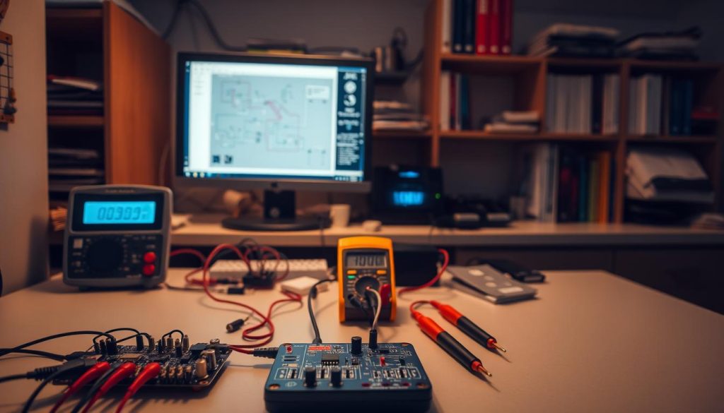 A dimly lit laboratory workspace, with a desk featuring various electronic components and measuring instruments. In the foreground, a circuit board and multimeter display readings, providing a practical demonstration of electrical current calculations. The middle ground showcases a schematic diagram on a computer screen, illustrating the flow of electricity. In the background, shelves hold reference books and technical manuals, creating an atmosphere of scientific inquiry. Subtle, warm lighting casts a focused glow on the workstation, emphasizing the importance of the task at hand. The scene conveys a sense of focused, hands-on application of electrical theory.