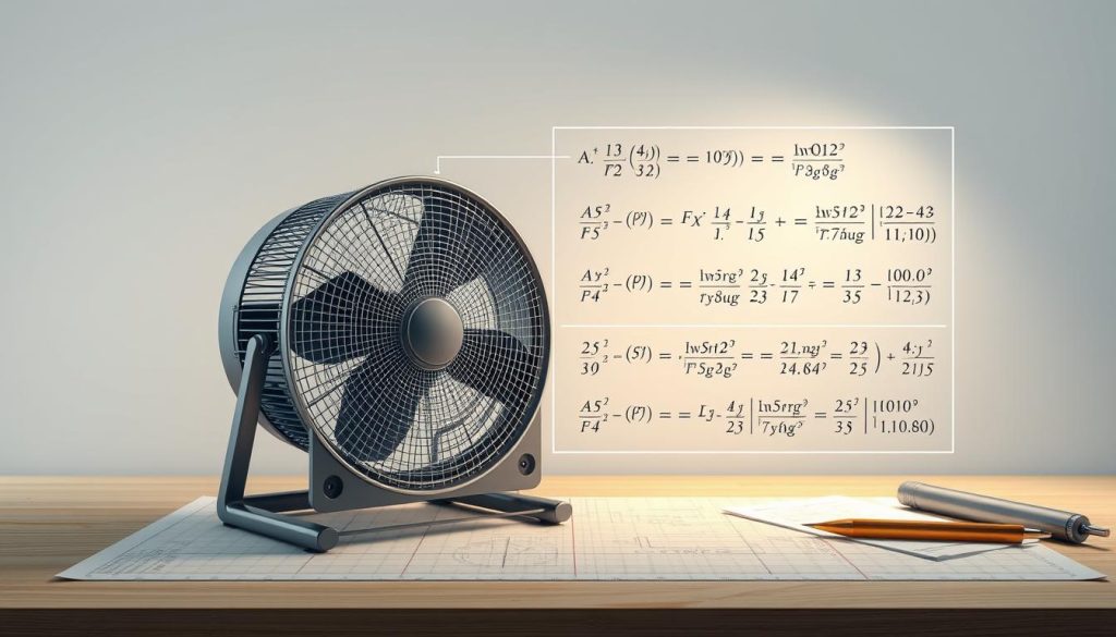 A meticulously rendered schematic diagram depicting the technical calculation of electrical consumption for a fan. The foreground showcases a detailed cross-section of a fan unit, highlighting its internal components and mechanisms. The middle ground features a series of mathematical equations and formulas, illustrating the step-by-step process of estimating power usage based on factors such as wattage, runtime, and efficiency. The background presents a clean, minimalist workspace setting with engineering drafting tools, graph paper, and a focused lighting setup to emphasize the analytical nature of the subject matter. The overall tone is one of precision, clarity, and technical precision, conveying the importance of understanding energy consumption for household appliances.
