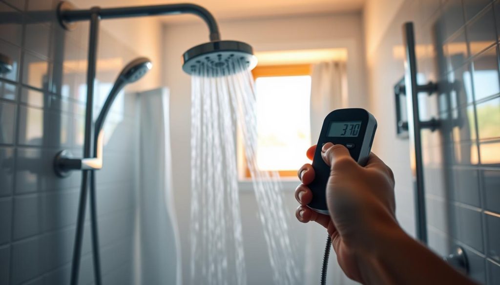 A modern, minimalist bathroom interior with sleek, chrome fixtures. In the foreground, a person's hand is holding a digital water flow meter, carefully measuring the stream from a shower head. The middle ground shows the shower curtain partially open, revealing the tiled shower enclosure. Warm, natural lighting filters in from a window in the background, casting a soft glow over the scene. The atmosphere is one of quiet contemplation, as the person focuses intently on the task at hand - understanding their water usage for more mindful conservation.