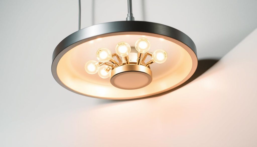 A modern, stylish LED light fixture, its sleek design complemented by a warm, inviting glow. The LED bulbs emit a soft, energy-efficient illumination, highlighting the advantages of LED relamping - reduced energy consumption, longer lifespan, and lower maintenance costs. The scene is set against a minimalist, white backdrop, emphasizing the product's clean lines and efficiency. Dramatic lighting from the side casts shadows, adding depth and dimension to the image. The overall tone is one of sophistication and technological advancement, showcasing the benefits of upgrading to LED lighting.