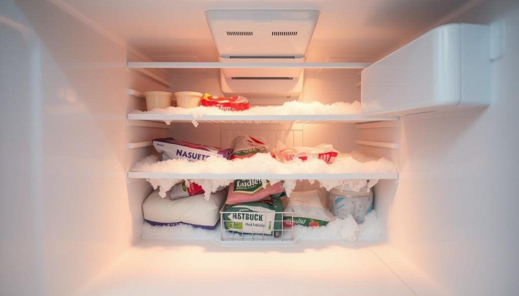 A neatly organized freezer interior, illuminated by soft, indirect lighting. In the foreground, a thick layer of frost covers the shelves and walls, suggesting the need for defrosting. The middle ground showcases various frozen food items, their packaging visible through the icy buildup. In the background, the freezer's cooling mechanism is partially obscured, hinting at the technical workings behind the accumulation of ice. The overall scene conveys a sense of efficiency and functionality, setting the stage for a straightforward, step-by-step guide on how to quickly and effectively defrost this household appliance.