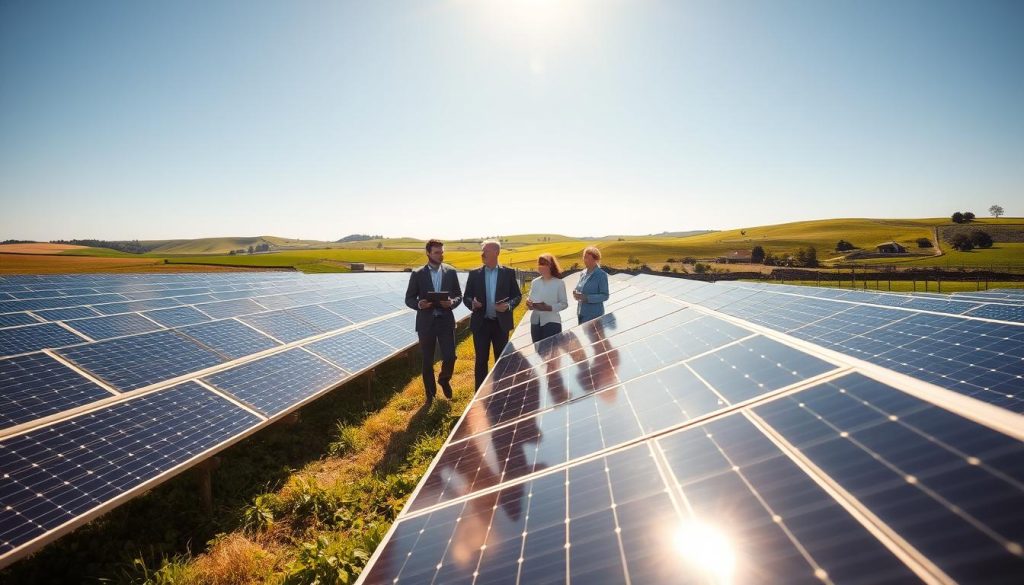A panoramic view of a large solar photovoltaic installation in a sunlit agricultural landscape. In the foreground, rows of sleek solar panels gleam under the bright blue sky, reflecting sunlight. The middle ground features a diverse group of professionals in business attire, inspecting the solar farm with clipboards and discussing among themselves, exuding a sense of collaboration and innovation. In the background, rolling hills with green fields and a distant farmhouse complete the idyllic scenery. The lighting is warm and inviting, highlighting the clean energy concept, while the angle captures both the expanse of the solar array and the engaged figures. The atmosphere is one of progress and sustainability, emphasizing the transformative potential of solar energy.