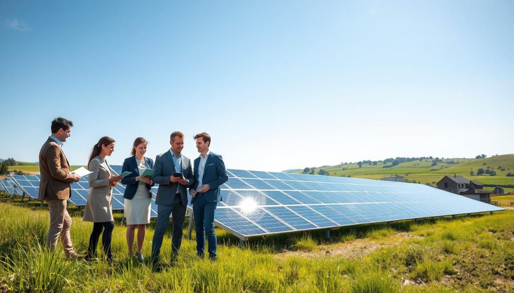 A picturesque rural landscape in France showcasing solar photovoltaic panels glistening under a bright blue sky. In the foreground, a diverse group of professionals in smart casual attire is engaged in discussions about renewable energy projects, with documents and tablets in hand. In the middle ground, a modern solar farm stretches across the field, vibrant green grass contrasting with the sleek black solar panels. The background features rolling hills and traditional French countryside houses, emphasizing the harmony between nature and technology. Soft, natural lighting enhances the optimistic atmosphere, capturing the essence of sustainable investment. The image focuses on collaboration and innovation, highlighting the theme of financial aid for solar energy initiatives in France.