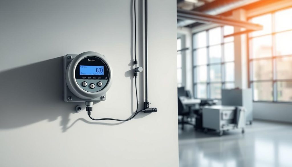 A sleek and modern smart utility meter installation in a commercial setting. The meter is mounted on a clean, minimalist wall, with clean lines and neutral tones. The foreground features the meter itself, with a digital display and intuitive controls. The middle ground shows the wiring and connections, neatly organized and integrated into the wall. The background depicts a well-lit, professional office or industrial space, with large windows allowing natural light to flood the scene. The overall mood is one of efficiency, technology, and seamless integration, reflecting the practical and innovative nature of a connected water meter system.