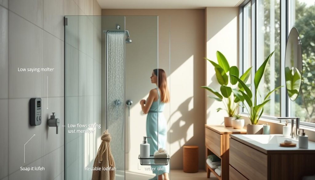 A sleek, minimalist bathroom interior with natural lighting pouring in through large windows. In the foreground, a person is standing in a glass-enclosed shower, focused on adjusting the water flow and temperature. Subtle water-saving devices, such as a low-flow showerhead and a digital water-use monitor, are visible. The middle ground showcases various eco-friendly shower accessories, including a reusable loofah, a soap dispenser, and a caddy for storing shampoo and conditioner. The background features soothing earthy tones, with a wooden vanity and potted plants, creating a serene and sustainable atmosphere.