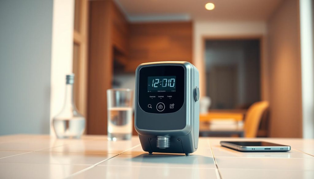 A sleek, modern connected water meter stands prominently in the foreground, its digital display and IoT-enabled features clearly visible. The meter is positioned on a clean, minimalist tiled surface, hinting at its integration into a contemporary home interior. The middle ground features a few household objects, such as a glass of water and a smartphone, emphasizing the meter's connectivity and smart home integration. The background is softly blurred, creating a sense of depth and focus on the central water meter. Warm, directional lighting from above casts subtle shadows, highlighting the meter's tactile, metallic design elements. The overall mood is one of technological sophistication and seamless home automation.