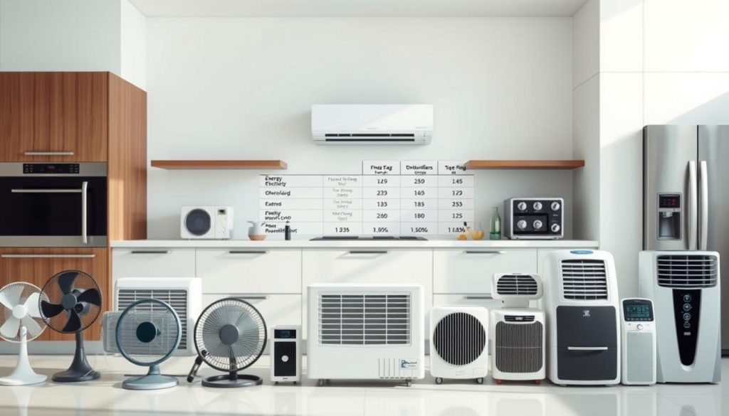 A sleek, modern kitchen interior with a prominent display of various cooling appliances. In the foreground, an array of fans, air conditioners, and dehumidifiers are neatly arranged, showcasing their energy efficiency ratings and power consumption metrics. The middle ground features a well-lit workspace, with a table displaying detailed comparisons of the appliances' energy usage, operating costs, and environmental impact. The background depicts a minimalist, light-filled space, creating a sense of clarity and focus on the comparison data. The overall scene conveys a clean, informative, and visually appealing presentation of energy-efficient cooling options.
