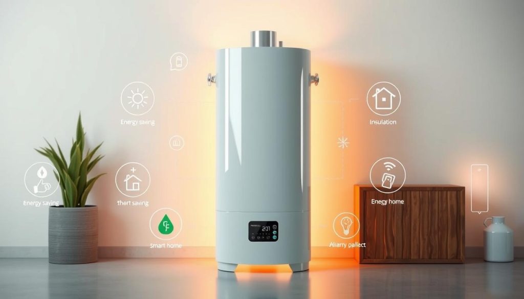 A well-designed modern water heater surrounded by energy efficiency symbols and labels, bathed in warm lighting against a clean, minimalist background. The water heater is the focal point, showcasing its sleek, compact design and digital controls. Radiating outward are icons representing energy-saving features, insulation, and smart home integration. The overall mood is one of sophisticated, tech-forward optimization - a visual representation of maximizing energy efficiency and minimizing environmental impact.