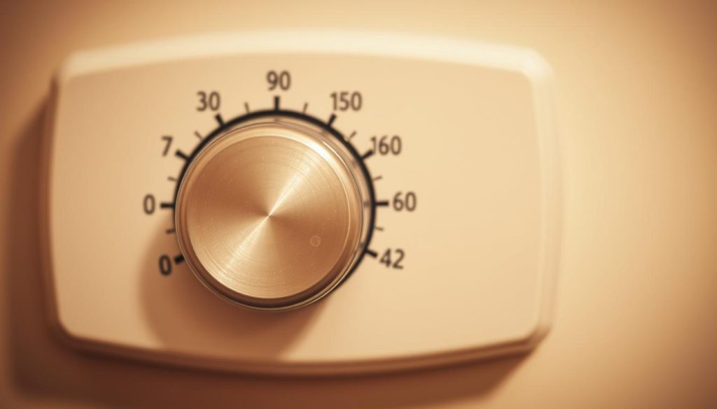 A well-lit, close-up photograph of a household water heater thermostat, its knob and markings clearly visible. The thermostat is set to a moderate temperature, indicating a safe and energy-efficient setting. The image has a warm, inviting color palette, with a subtle focus on the thermostat dial and control mechanism. The background is slightly blurred, keeping the viewer's attention on the central subject. The overall impression is one of simplicity, functionality, and attention to safety and efficiency when adjusting a water heater's temperature.