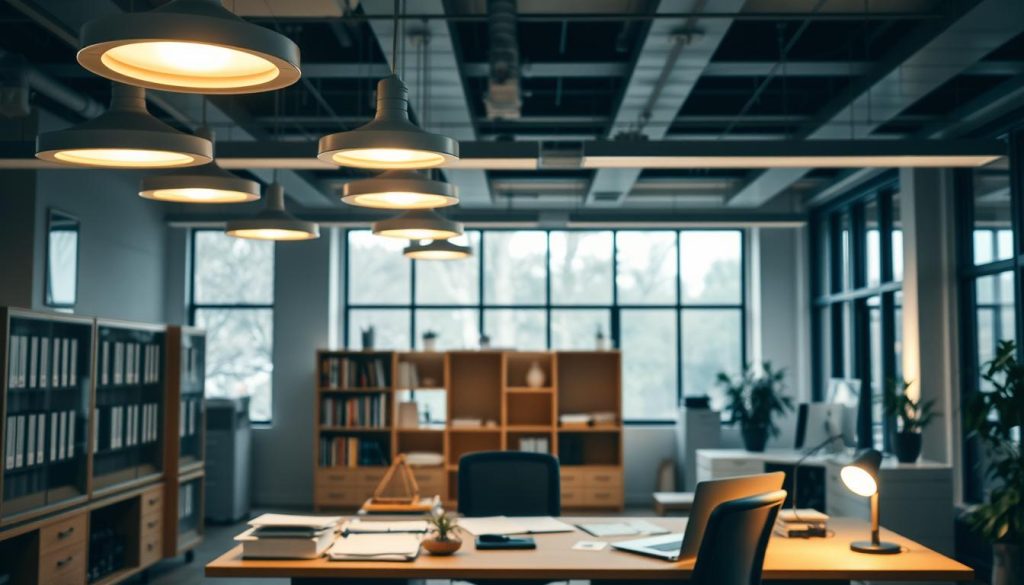 A well-lit interior scene showcasing an office space, with a focus on a central desk area. In the foreground, an array of energy-efficient LED light fixtures illuminate the workspace, casting a warm, inviting glow. On the desk, various documents and a laptop computer suggest an active work environment. The middle ground features bookshelves and storage cabinets, hinting at the organizational aspects of an energy renovation project. In the background, large windows allow natural light to filter in, creating a sense of openness and connection to the outdoors. The overall mood is one of efficiency, productivity, and a commitment to sustainable practices.