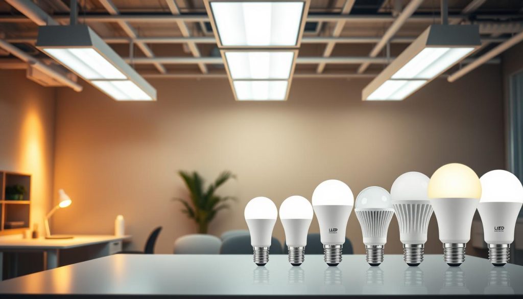 A well-lit interior space showcasing the optimization of LED lighting. In the foreground, a sleek, modern workstation with minimalist furniture and fixtures. Warm, focused illumination emanates from strategically placed LED panels, casting an even glow across the surface. In the middle ground, a series of LED bulbs of varying brightness and color temperatures are displayed, demonstrating the breadth of options for LED relamping. The background features a neutral-toned wall, highlighting the clean, efficient aesthetic of the LED lighting system. The overall scene conveys a sense of productivity, energy efficiency, and attention to detail in the lighting design.