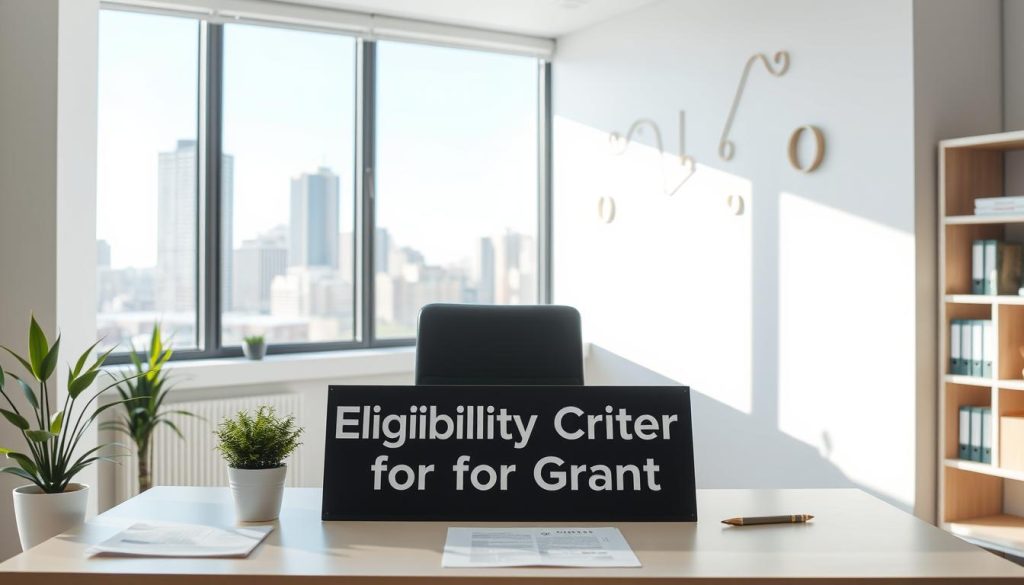 A well-lit, neatly organized office setting with a clean, minimalist aesthetic. In the foreground, a desk with a laptop, some paperwork, and a potted plant. On the desk, a sign displaying the text "Eligibility Criteria for Grants". The middle ground features a large window overlooking a modern city skyline, allowing natural light to fill the room. The background showcases simple, geometric wall decor and a bookshelf with a few carefully curated books. The overall mood is professional, informative, and visually appealing, reflecting the subject of the article's section on the eligibility requirements for LED lighting grants.