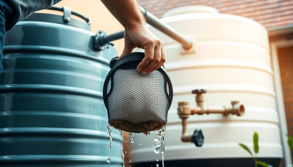 A well-maintained rain water harvesting system, showcasing the key components for routine upkeep. The foreground depicts a person inspecting the filter mesh, ensuring proper drainage and debris removal. The middle ground features the tank and inlet/outlet valves, while the background highlights the downspout and roof catchment area. Soft, natural lighting illuminates the scene, conveying a sense of care and attention to detail. The composition emphasizes the system's functionality and the importance of regular maintenance for optimal performance. Technical aspects such as the tank's construction, valve types, and filter design are subtly incorporated to provide contextual information.
