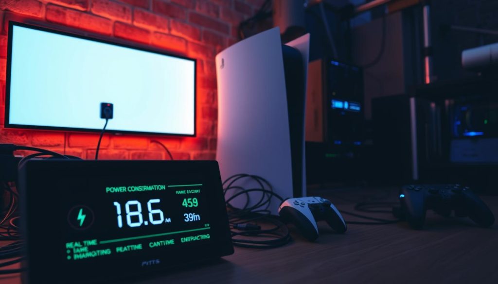 A sleek, modern gaming setup with a prominent PlayStation 5 console prominently displayed. The device is surrounded by a tangle of cables and power strips, hinting at the energy demands of high-performance gaming. The room is dimly lit, with a warm, ambient glow from LED accent lighting, creating an immersive atmosphere. In the foreground, a digital display shows real-time power consumption metrics, illustrating the impact of gaming on electricity usage. The background features a minimalist, industrial-inspired design, with exposed brick walls and metallic accents, complementing the technological focus of the scene.