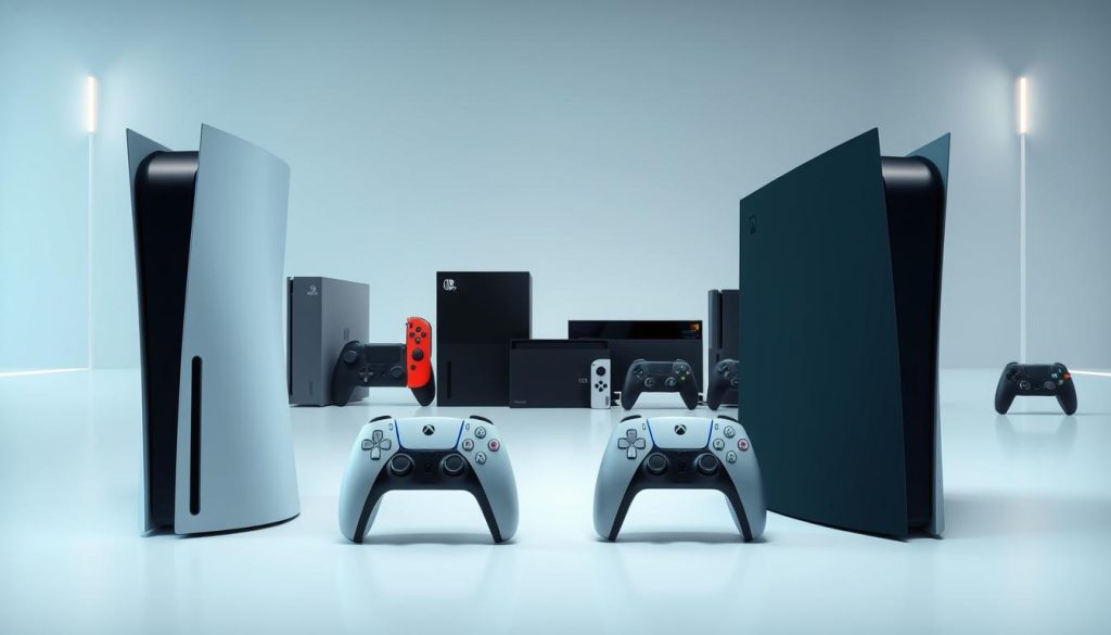 A sleek, modern rendering of a gaming console comparison scene. In the foreground, prominently displayed are the latest PlayStation 5 and PlayStation 5 Pro consoles, their minimalist designs and distinctive controllers highlighted. In the middle ground, various other popular gaming consoles are arranged, including the Xbox Series X, Nintendo Switch, and previous-generation PlayStation and Xbox models. The background features a minimalist, high-tech environment with subtle lighting accents, creating a sense of sophistication and technological advancement. The overall composition emphasizes the evolution and innovation in the gaming console landscape, inviting the viewer to explore the distinct features and capabilities of each system.
