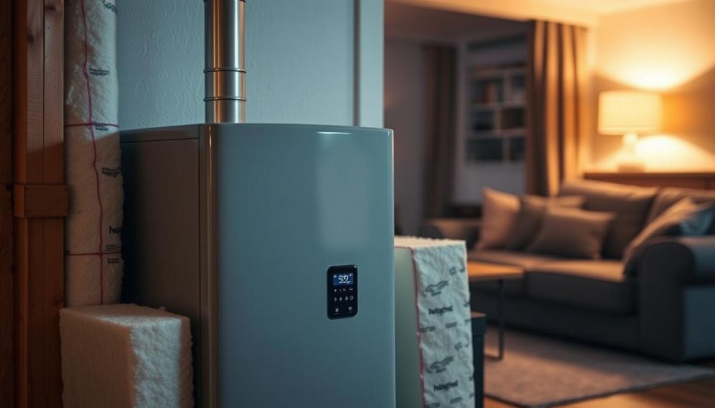 A cozy home interior with a prominent gas boiler unit in the foreground. The boiler is surrounded by insulation materials, including rolls of fiberglass and foam panels. In the middle ground, a thermostat and control panel are visible, showcasing the energy-efficient settings. The background features a dimly lit living room with warm, muted lighting, suggesting the nighttime setting. The overall scene conveys a sense of efficiency, comfort, and the potential advantages of turning off the gas boiler during the night.