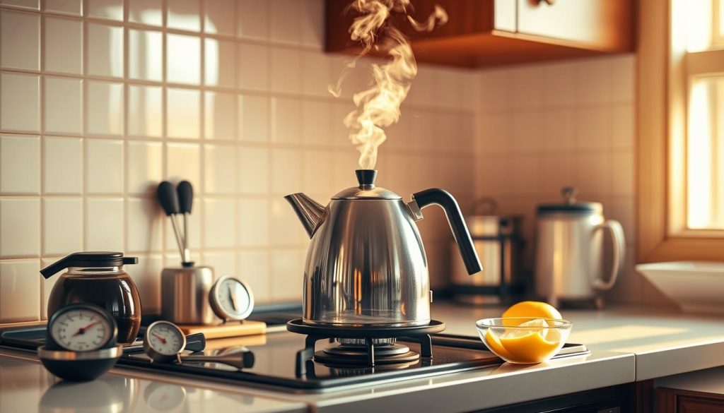 A cozy kitchen scene bathed in warm, golden light. On the stove, a gleaming silver kettle sits atop a gas burner, steam gently rising from its spout. Around it, various kitchen tools and utensils are neatly arranged, including a thermometer, a timer, and a small bowl of lemon slices. The background features clean, minimalist tiles and wooden cabinets, creating a sense of order and efficiency. The overall atmosphere conveys the idea of optimizing the process of boiling water, with a focus on helpful tips and tricks to make it happen quickly and effectively.