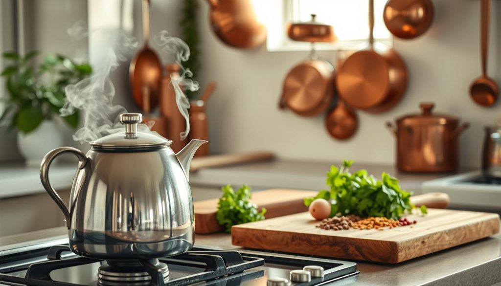 A cozy kitchen scene showcasing traditional methods for boiling water. In the foreground, a gleaming stainless steel kettle rests atop a gas stove, its steam rising gracefully. In the middle ground, a wooden chopping board holds an array of fresh herbs and spices, hinting at the culinary delights soon to unfold. The background features vintage copper pots and pans hanging neatly on the wall, casting a warm, inviting glow across the scene. Soft natural lighting filters in through a nearby window, creating a serene, homely atmosphere. The overall composition evokes a sense of timeless, well-practiced cooking techniques passed down through generations.