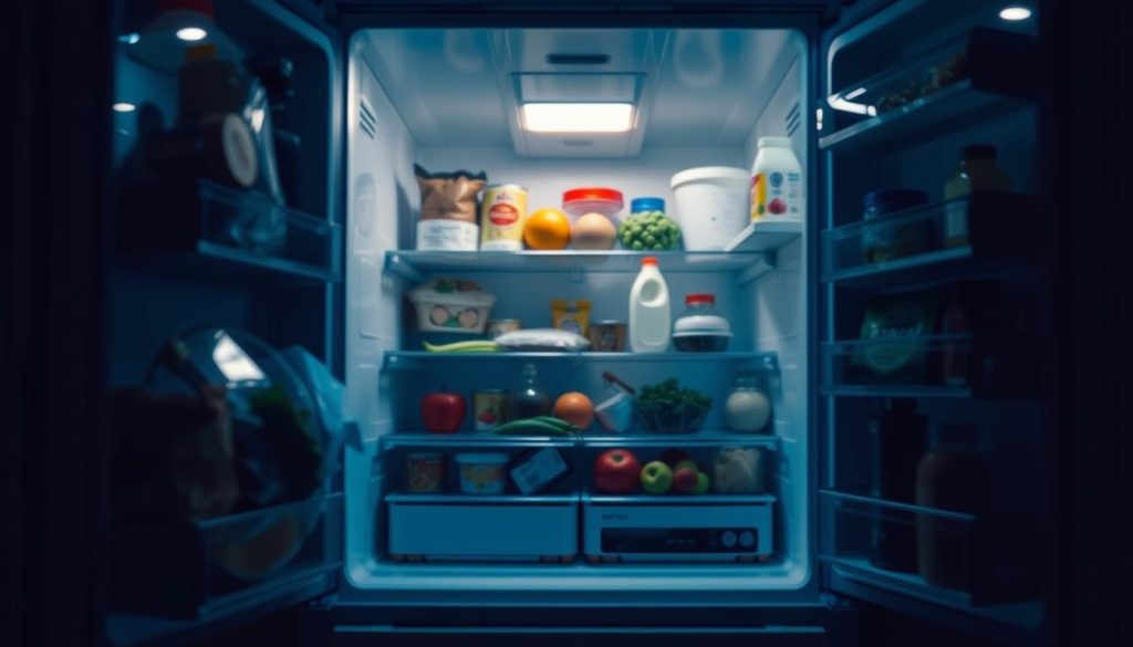 A dimly lit kitchen interior, the focus on an open refrigerator revealing its contents. The foreground showcases various fresh produce, dairy, and packaged goods arranged in an organized, visually appealing manner. The middle ground features the refrigerator's interior, with its shelves and compartments clearly visible. The background subtly suggests the rest of the kitchen, with muted lighting and hints of other appliances or surfaces. The overall mood is one of calm contemplation, emphasizing the importance of proper food storage and preservation in the absence of electricity. The image conveys a sense of time-tested techniques for conserving aliments during a power outage.