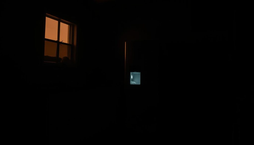 A dimly lit kitchen interior, the refrigerator standing alone, its light a faint glow against the darkness. The door slightly ajar, revealing the shadows within, a subtle reminder of the power outage. The scene is tranquil, yet unsettling, with a sense of isolation and uncertainty. Soft, warm lighting from a single window casts a gentle hue, creating a moody atmosphere. The refrigerator's sleek, modern design stands in contrast to the ominous shadows, underscoring the vulnerability of the appliance without electricity. The composition emphasizes the refrigerator's isolation, drawing the viewer's attention to its role in preserving food during a power failure.