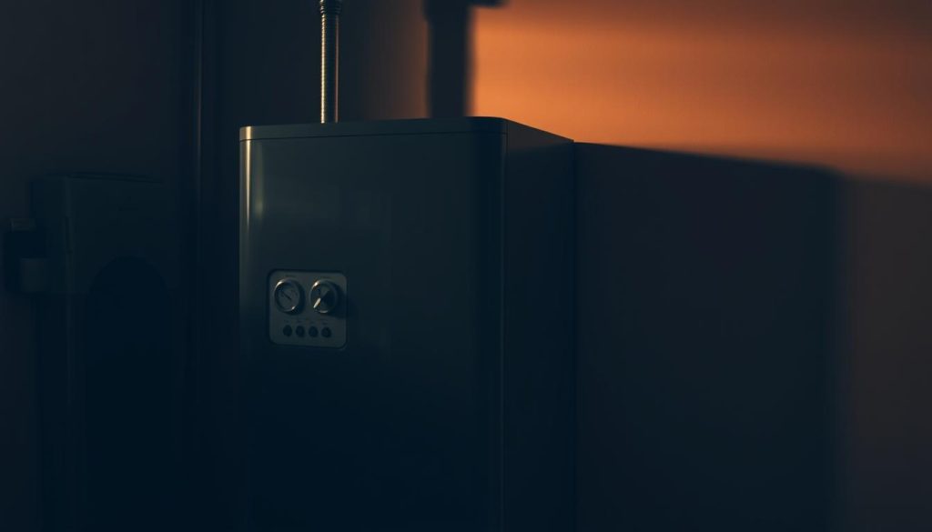 A gas boiler system in a dimly lit interior, with a focus on the control panel and gauges. The boiler is situated against a plain wall, casting soft shadows across the scene. The lighting is warm and muted, conveying a sense of calm and efficiency. The control panel features dials and switches, providing a clear visual representation of the boiler's regulation and energy consumption. The overall composition emphasizes the technical aspects of the gas boiler system, hinting at the potential savings and benefits of properly managing its operation.