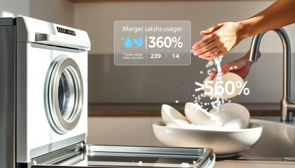 A photo-realistic comparison of water consumption between a dishwasher and manual dish washing. In the foreground, a stylish modern dishwasher with a transparent door, showcasing the washing cycle. In the middle ground, a sink filled with soapy water and dishes being scrubbed by a pair of hands. The background features a floating data visualization, displaying the water usage statistics for each method in a clear and visually appealing manner. The lighting is bright and natural, highlighting the textures and details of the appliances and dishwashing process. The overall scene conveys a sense of informative comparison, inviting the viewer to consider the practical implications of their dish cleaning choices.