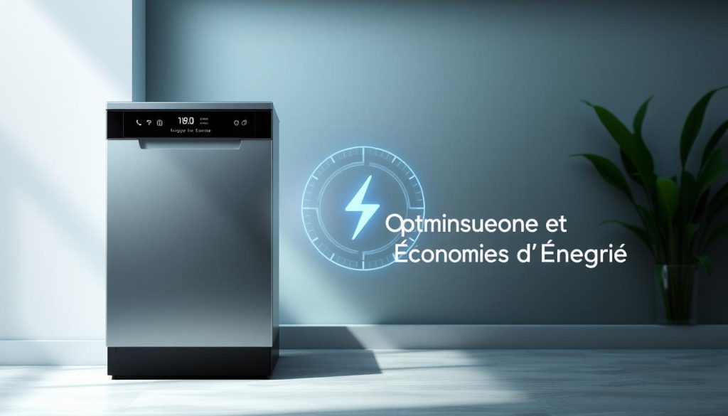 A sleek, energy-efficient dishwasher set against a minimalist, eco-friendly backdrop. The appliance is illuminated by soft, directional lighting, showcasing its clean lines and digital display. In the middle ground, a visual metaphor for energy savings, such as a glowing electricity meter or a stylized lightning bolt. The background features a serene, nature-inspired setting with lush greenery, conveying a sense of sustainability and environmental consciousness. The overall composition emphasizes the dishwasher's efficient performance and its role in reducing energy consumption and water usage, aligning with the "Optimisation et Économies d'Énergie" section of the article.