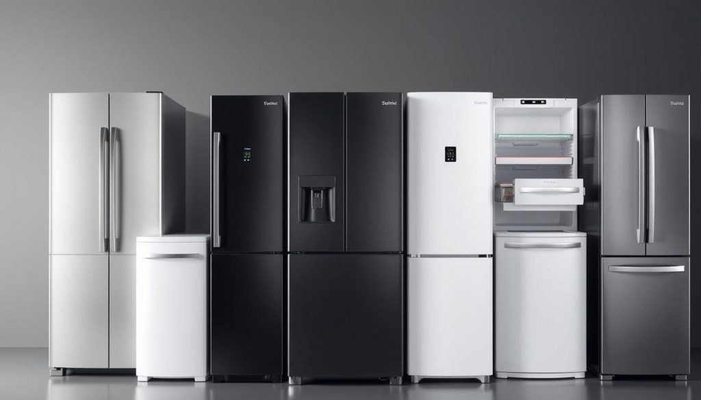 A sleek, modern arrangement of several refrigerator and freezer models, showcasing their key features and specifications in a clean, minimalist layout. The appliances are positioned at eye level, illuminated by soft, directional lighting that highlights their streamlined designs and contrasting finishes - stainless steel, matte black, and glossy white. The background is a subtle gradient, allowing the products to take center stage. Careful camera angles and depth of field create a sense of depth and scale, inviting the viewer to closely examine and compare the different models. An authoritative, yet visually appealing representation of the comparative data outlined in the article section.