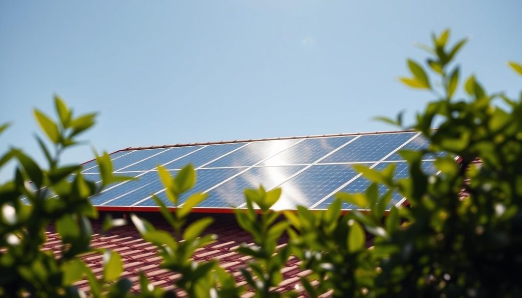 A sun-drenched rooftop with an array of sleek, modern solar panels mounted elegantly. The panels glisten in the warm, golden light, casting subtle shadows on the tiled surface. In the foreground, lush green foliage frames the scene, hinting at the integration of renewable energy into a harmonious, eco-friendly home environment. The middle ground showcases the efficient and streamlined design of the solar installation, with precise, geometric layouts and clean lines. In the distance, a clear blue sky provides a serene backdrop, emphasizing the renewable and sustainable nature of this home's energy solution. The overall atmosphere exudes a sense of tranquility, self-sufficiency, and a commitment to environmentally conscious living.