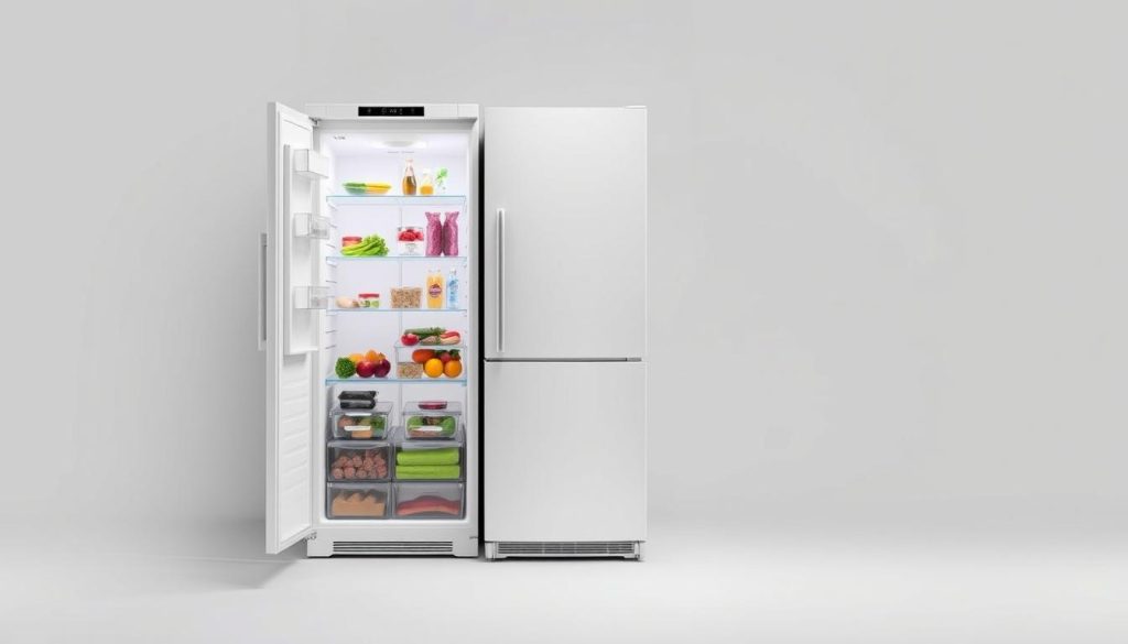 A well-lit, high-resolution photograph of a modern refrigerator-freezer combination unit, set against a neutral background. The refrigerator section is on the left, with its shelves stocked with various food items. The freezer section is on the right, its contents visible through a transparent door. The appliance is presented in a clean, minimalist style, with a focus on showcasing its energy efficiency and overall design. Subtle shadows and highlights accentuate the form and details of the unit, creating a sense of depth and dimensionality. The image conveys a sense of functionality and practicality, reflecting the article's subject matter.