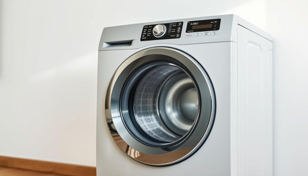 A close-up shot of a stylish, energy-efficient clothes dryer against a clean, modern background. The appliance is showcased in a well-lit, minimalist setting, emphasizing its sleek, A+++ certified design. The dryer's digital display and control panel are prominently featured, providing a clear visual reference for the technical aspects of its energy consumption. The scene evokes a sense of efficiency, practicality, and attention to environmental impact, reflecting the key themes of the article section "Comprendre la consommation sèche linge A+++".