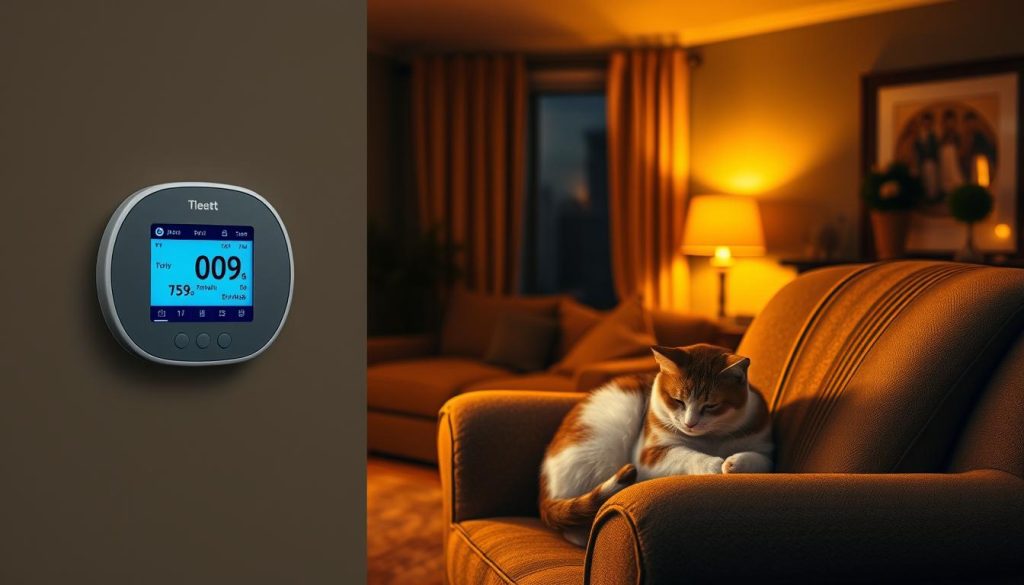 A cozy, dimly lit living room at night, with a programmable thermostat on the wall controlling the central heating system. The room is bathed in a warm, golden glow from a few strategically placed lamps, creating a tranquil, energy-efficient atmosphere. A sleepy cat curled up on a plush armchair, as the thermostat's display shows a schedule for adjusting the temperature throughout the day, reflecting the residents' daily activity patterns. The scene conveys a sense of intentional, sustainable home management, where comfort and energy savings go hand in hand. A cozy, dimly lit living room at night, with a programmable thermostat on the wall controlling the central heating system. The room is bathed in a warm, golden glow from a few strategically placed lamps, creating a tranquil, energy-efficient atmosphere. A sleepy cat curled up on a plush armchair, as the thermostat's display shows a schedule for adjusting the temperature throughout the day, reflecting the residents' daily activity patterns. The scene conveys a sense of intentional, sustainable home management, where comfort and energy savings go hand in hand.