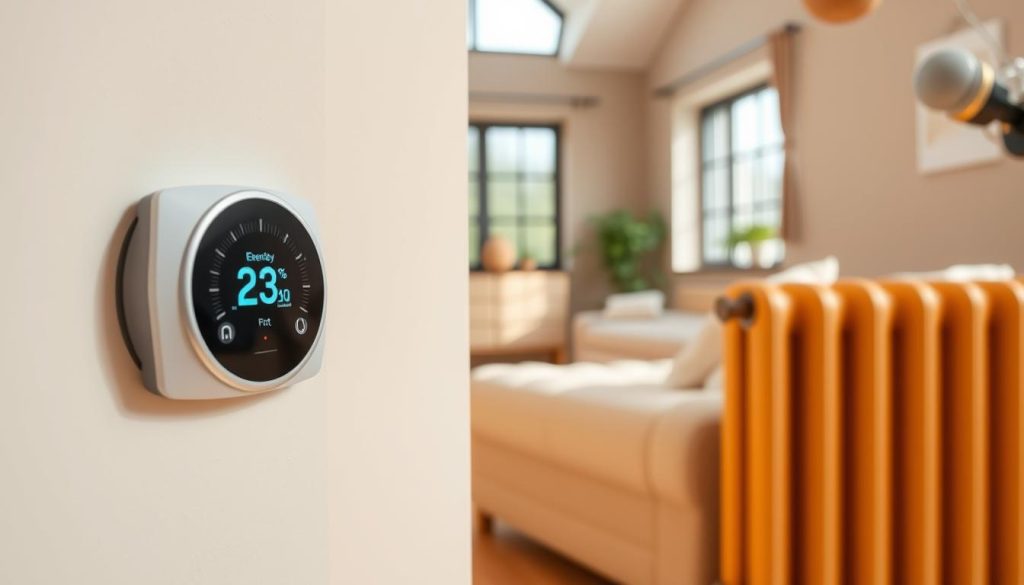 A cozy, energy-efficient home interior with a central heating system. In the foreground, a modern, programmable thermostat on a neutral-toned wall, its display showing an optimal temperature setting. In the middle ground, warm-hued radiators under large windows, their valves carefully adjusted. The background depicts a softly lit living room with plush, insulated furnishings, showcasing how small, intentional changes can lead to substantial energy savings. Lighting is natural and indirect, creating a serene, welcoming atmosphere. The overall scene conveys a sense of comfort and efficiency, inspiring viewers to consider their own heating practices.