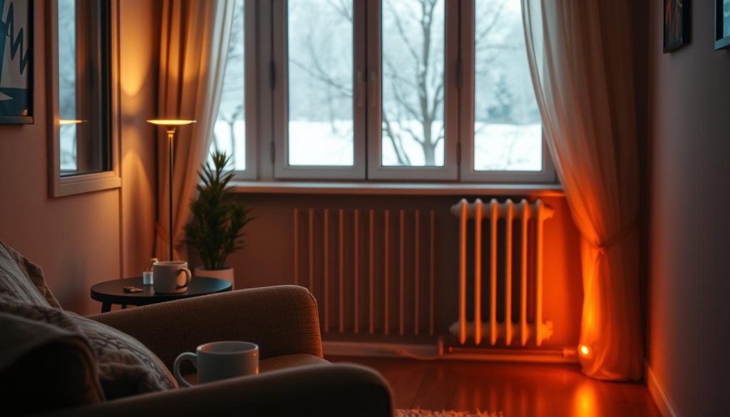 A cozy home interior with a central heating system visible, casting a warm glow across the room. The foreground features a comfortable armchair and a side table with a cup of hot tea, suggesting the pleasures of staying indoors on a chilly day. The middle ground shows the heating vents or radiators, indicating the constant warmth provided by the system. In the background, a window looks out onto a snowy winter landscape, emphasizing the contrast between the indoor comfort and the outdoor cold. The lighting is soft and inviting, creating a sense of relaxation and well-being. The overall atmosphere conveys the advantages of having a permanently active heating system, while hinting at potential drawbacks such as energy consumption and cost. A cozy home interior with a central heating system visible, casting a warm glow across the room. The foreground features a comfortable armchair and a side table with a cup of hot tea, suggesting the pleasures of staying indoors on a chilly day. The middle ground shows the heating vents or radiators, indicating the constant warmth provided by the system. In the background, a window looks out onto a snowy winter landscape, emphasizing the contrast between the indoor comfort and the outdoor cold. The lighting is soft and inviting, creating a sense of relaxation and well-being. The overall atmosphere conveys the advantages of having a permanently active heating system, while hinting at potential drawbacks such as energy consumption and cost.