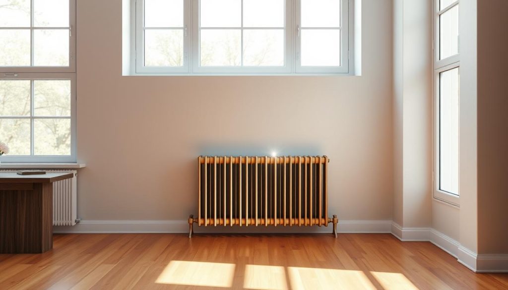 A cozy, well-lit room with a modern, minimalist radiator taking center stage. The radiator is a sleek, brushed metal design, casting a soft, warm glow that illuminates the surrounding space. The floor is a polished hardwood, and the walls are painted a calming neutral shade, creating a harmonious, inviting atmosphere. Natural light streams in through large windows, casting a gentle, diffused illumination throughout the room. The overall scene conveys a sense of comfort and thermal efficiency, perfectly capturing the essence of the "température pièce" concept.