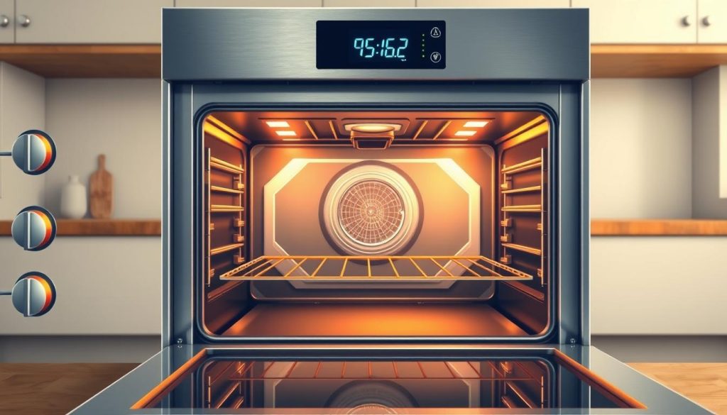 A detailed and realistic illustration of an electric oven's energy consumption analysis. The foreground shows the oven's control panel with various settings and a prominent digital display depicting power usage metrics. The middle ground features a cutaway view of the oven's interior, revealing its heating elements and insulation. The background portrays a clean, minimalist kitchen setting with warm, natural lighting accentuating the oven's sleek, stainless steel design. The overall composition conveys a sense of technical precision and practical utility, providing a visually informative reference for the article's "How to calculate your oven's energy consumption" section.