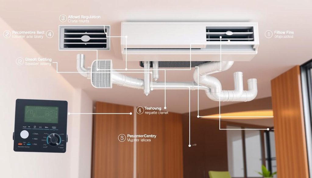 A detailed schematic diagram of an air conditioning ventilation system, showcasing its essential components. The foreground displays the control panel and adjustable vents, allowing precise regulation of airflow and temperature. The middle ground depicts the interconnected ducts, fans, and filters, highlighting the complex mechanics behind climate control. The background features a sleek, modern interior design, emphasizing the seamless integration of the HVAC system. The scene is illuminated by warm, natural lighting, creating a calming and refined atmosphere. The overall composition conveys the technical intricacies and user-friendly interface of a sophisticated climate regulation system. A detailed schematic diagram of an air conditioning ventilation system, showcasing its essential components. The foreground displays the control panel and adjustable vents, allowing precise regulation of airflow and temperature. The middle ground depicts the interconnected ducts, fans, and filters, highlighting the complex mechanics behind climate control. The background features a sleek, modern interior design, emphasizing the seamless integration of the HVAC system. The scene is illuminated by warm, natural lighting, creating a calming and refined atmosphere. The overall composition conveys the technical intricacies and user-friendly interface of a sophisticated climate regulation system.