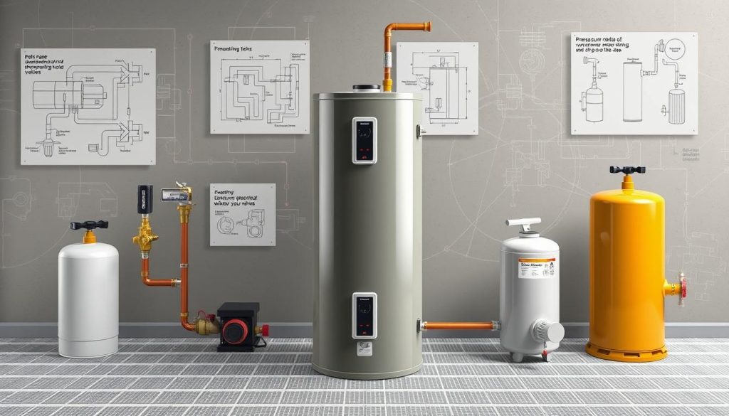 A detailed, technical illustration of water heater safety standards. A central water heater unit in the foreground, surrounded by various safety components and equipment like pressure relief valves, expansion tanks, and thermostatic mixing valves. The midground showcases technical diagrams and schematics explaining the proper installation and configuration of these safety features. The background has a muted, technical atmosphere with engineering diagrams, metallic textures, and a subtle grid pattern, conveying a sense of precision and regulation. Crisp lighting from multiple angles highlights the contours and details of the equipment. An overall tone of functional safety and compliance with industry standards. A detailed, technical illustration of water heater safety standards. A central water heater unit in the foreground, surrounded by various safety components and equipment like pressure relief valves, expansion tanks, and thermostatic mixing valves. The midground showcases technical diagrams and schematics explaining the proper installation and configuration of these safety features. The background has a muted, technical atmosphere with engineering diagrams, metallic textures, and a subtle grid pattern, conveying a sense of precision and regulation. Crisp lighting from multiple angles highlights the contours and details of the equipment. An overall tone of functional safety and compliance with industry standards.